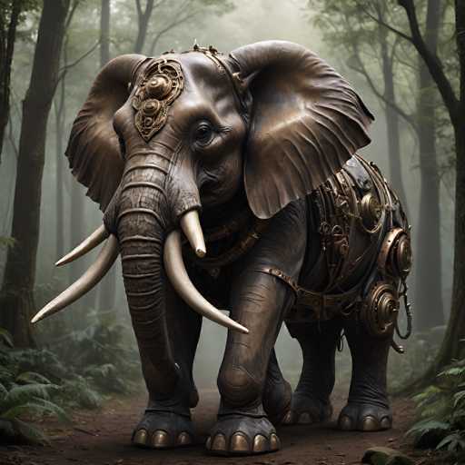 The image depicts a highly detailed, computer-generated 3D rendering of a large, bronze elephant standing in a lush, tropical forest. The elephant, which appears to be a majestic and imposing figure, is adorned with intricate mechanical and steampunk elements. It has two prominent white tusks and large ears that are decorated with ornate, gold-colored metal pieces. The elephant's body is covered in various bronze and gold-colored mechanical components, including a harness around its neck and shoulders, and additional metal pieces on its back and legs. The forest setting is dense with tall trees, ferns, and other greenery, creating a misty and foggy atmosphere that adds to the mystical and otherworldly feel of the scene. The elephant stands on a dirt path, gazing directly at the viewer, giving the impression of a powerful and ancient mechanical beast in a serene yet mysterious natural environment.