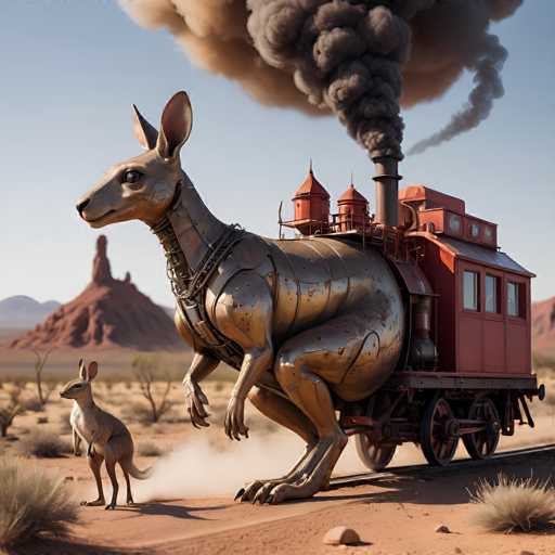 In this captivating image, a mechanical kangaroo is depicted pulling a red train through a barren desert landscape. The kangaroo, constructed from gleaming metal, features intricate details such as visible rivets and gears that highlight its mechanical nature. The train, also metallic, emits thick plumes of black smoke from its smokestack, adding a dynamic element to the scene. The background showcases a desolate desert with sparse vegetation, including a few cacti and patches of grass. In the distance, a prominent rock formation stands against the horizon, completing the rugged and arid setting.