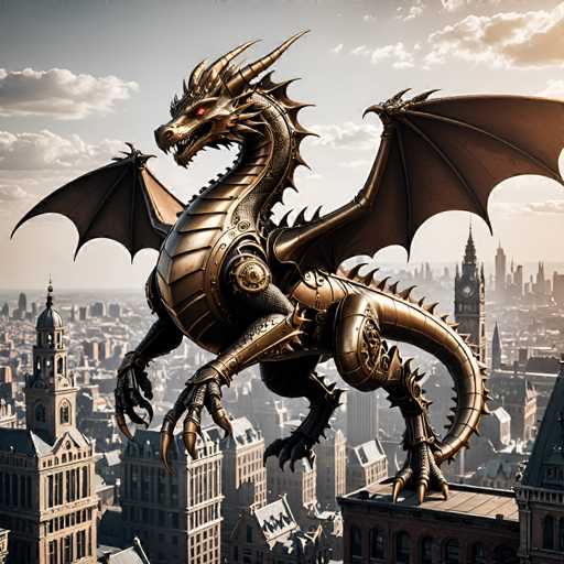 The image depicts a large, metallic dragon statue perched atop a cityscape. The dragon is adorned with intricate gold and silver details that shimmer under the light. The city below features tall buildings of varying heights, including a clock tower in the background. The sky above is filled with clouds, casting a soft light over the scene.