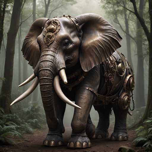 A bronze statue of an elephant standing on a dirt path surrounded by trees and foliage. The elephant is adorned with intricate gold designs on its head and trunk, and it has large white tusks that contrast against the brown color of the statue.