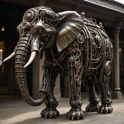 A detailed, photorealistic image of a steampunk-style mechanical elephant statue. The elephant is constructed entirely of intricate brass and copper gears, pipes, and other mechanical components, giving it a complex, industrial aesthetic. Its body is massive and detailed, with large, intricately designed ears, long, curling tusks, and sturdy, articulated legs. The statue is positioned on a cobblestone-like surface in front of a dark, ornate building with arched windows and columns. The lighting is soft and atmospheric, highlighting the metallic textures and intricate details of the mechanical creature.