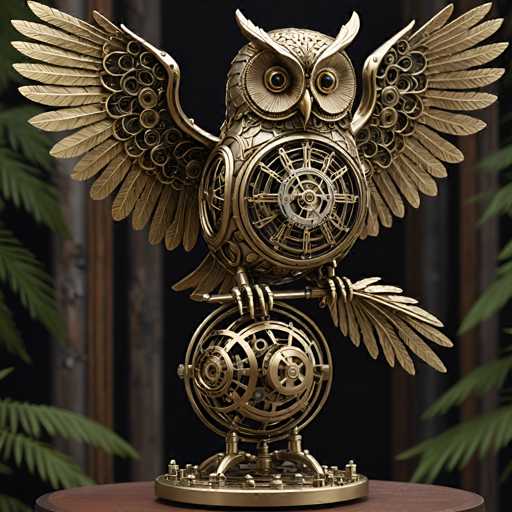 The image shows a bronze owl sculpture with wings spread wide and a clock face on its head. The owl is perched atop a sphere that has gears and cogs attached to it, giving the impression of a mechanical bird. The background features a blurred green tree, providing a natural setting for the artwork.