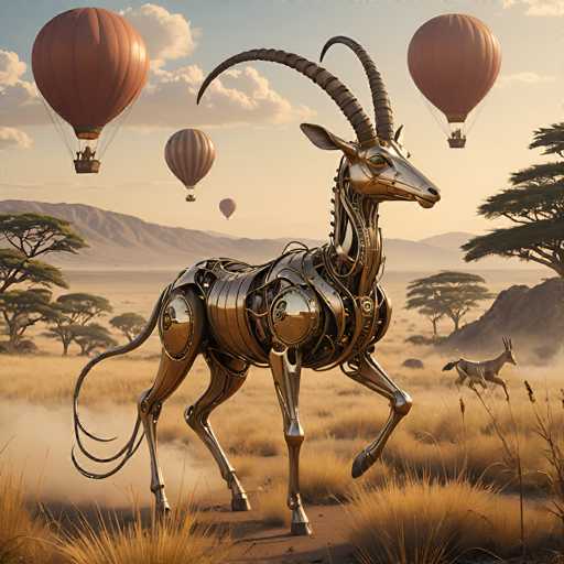 The image depicts a surreal, computer-generated scene set in a vast, arid landscape reminiscent of the Sahara Desert. Dominating the foreground is a mechanical, gold-colored gazelle with long, curved horns and intricate metallic components, including circular joints and a tail that splits into three sections. The gazelle appears to be in mid-stride, with one front leg raised. To the right, a smaller, regular gazelle runs across the dusty terrain, which is dotted with sparse, brownish-yellow grass and a few trees. In the background, a distant mountain range stretches across the horizon, partially obscured by a hazy, smoky atmosphere. The sky above is a light blue, adorned with fluffy white clouds and four hot air balloons in shades of orange and brown. The overall scene blends elements of nature with futuristic technology, creating a striking and imaginative visual experience.