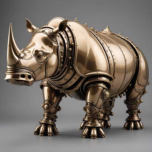 The image shows a bronze sculpture of a rhinoceros standing on its hind legs with its front legs raised and its back legs bent at the knees. The rhinoceros is adorned in metal armor that gives it an imposing appearance. The sculpture is set against a gray background, which contrasts with the golden hue of the rhinoceros's body.