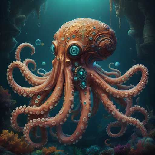 This image is a detailed, computer-generated illustration of a fantastical octopus-like creature set in an underwater scene. The creature, which has a coppery-brown body, features numerous tentacles adorned with white suction cups. Its most striking features are its large, blue eyes with black pupils, and a series of smaller, blue, gem-like eyes or sensory organs arranged along its head. The creature's body is intricately detailed with vein-like patterns and swirling designs, giving it a unique, almost otherworldly appearance. Surrounding the creature are bubbles and various underwater elements, including colorful coral in shades of orange, purple, and blue, as well as some green plants. The background depicts a dark blue ocean with hints of a submerged, ancient structure, possibly a temple or castle, adding to the mysterious and magical atmosphere of the scene.