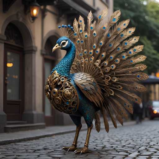 A steampunk peacock statue stands on a cobblestone street in an old European city, its ornate feathers and mechanical details catching the light.