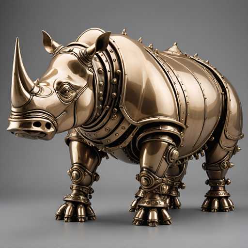 A highly detailed, photorealistic 3D rendering of a steampunk-style mechanical rhinoceros. The rhino is constructed entirely of polished brass or bronze, with intricate gears, rivets, and mechanical components visible on its body. It stands on four sturdy, articulated legs with large, ornate feet. The head is equally detailed, featuring a massive, curved horn and expressive mechanical eyes. The overall design emphasizes a blend of organic form and industrial mechanics, creating a visually striking and fantastical creature. The lighting is soft and highlights the reflective surfaces of the metal, giving it a gleaming appearance. The background is a simple, muted gray surface to emphasize the intricate details of the mechanical rhino.