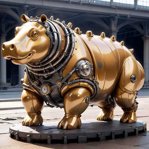 The image depicts a detailed, computer-generated rendering of a golden rhinoceros statue, standing on a circular black platform. The rhinoceros, which has a mechanical appearance, is adorned with various metallic components, including black and silver pipes, tubes, and dials that run along its body. The statue features a prominent horn on its nose, small ears, and a slight smile. Its eyes are open, and it has a shiny, reflective surface. The rhinoceros is positioned on a concrete surface, with a background that includes a building with arches and windows, suggesting an urban setting. The overall scene is brightly lit, indicating it is daytime.