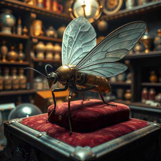 A gold and silver metallic insect with wings spread wide is perched on a red velvet cushion atop a wooden box. The insect appears to be in motion, as it is captured mid-flight against the backdrop of a dark room filled with various objects including vases, bottles, and other items.
