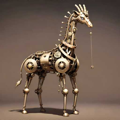 This image features a highly detailed, computer-generated depiction of a mechanical horse, resembling a steampunk or robotic design. The horse is primarily gold in color, with intricate mechanical components such as gears, wheels, and various metal parts that give it a distinct steampunk aesthetic. The horse's head is adorned with three prominent horns, and it has striking blue eyes. A long, thin string dangles from its mouth, ending in a small ball. The horse's legs are made of silver metal, with gold hooves, and it has a tail that ends in a feather. The background is a gradient of gray, darker at the top and lighter at the bottom, with the horse casting a shadow on the floor. The overall image is square-shaped, with the mechanical horse as the central focus, standing upright and facing to the right.