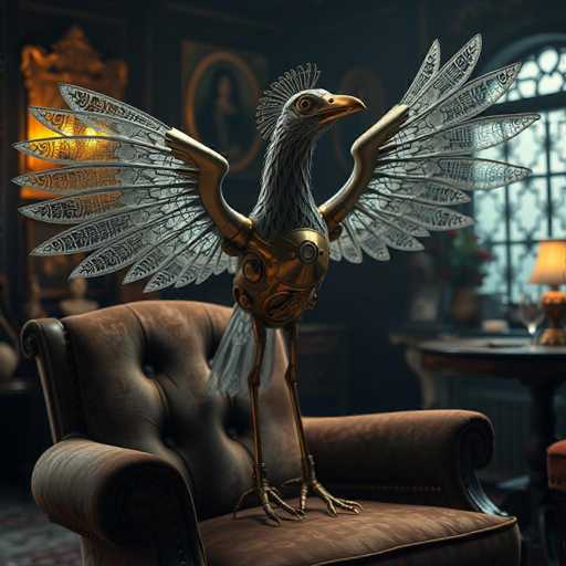 The image depicts a highly detailed, computer-generated scene of a steampunk-inspired bird perched on a brown leather armchair. The bird, which has a metallic, gold-colored body with intricate gears and screws, features a striking combination of mechanical and organic elements. Its head is adorned with a spiky crest resembling a mohawk, and it has a yellow beak. The bird's wings are outstretched, showcasing transparent, silver feathers with black markings. Its legs are long and thin, ending in talon-like feet. The background reveals a sophisticated room with a table, a lamp, a vase with flowers, and a window with an intricate design. The overall ambiance is dark and mysterious, with the bird as the central focus of the image.