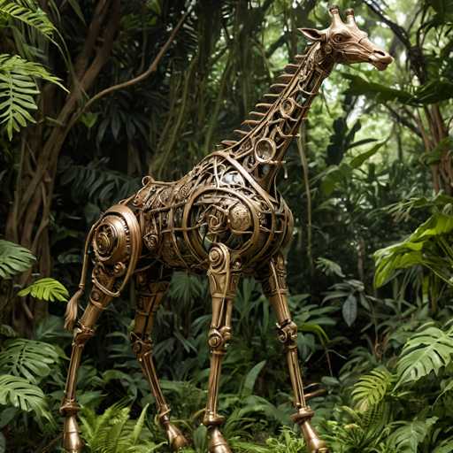 The image depicts a highly detailed, computer-generated scene of a lush, tropical jungle with a dense canopy of green leaves and various plants. The ground is covered with vibrant green grass, and the background is filled with tall trees and bushes, creating a rich, verdant environment. In the center of the image stands a striking, mechanical giraffe, crafted from a bronze or copper-colored metal. The giraffe's body is intricately designed with interlocking gears, circles, and plates, giving it a steampunk aesthetic. Its long neck and head are adorned with small spikes, and it has two prominent horns on top. The giraffe's eyes are open, and it appears to be gazing off to the right, adding a sense of life and curiosity to the scene. The overall composition blends the natural beauty of the jungle with the imaginative, mechanical creation of the giraffe, resulting in a captivating and surreal visual experience.