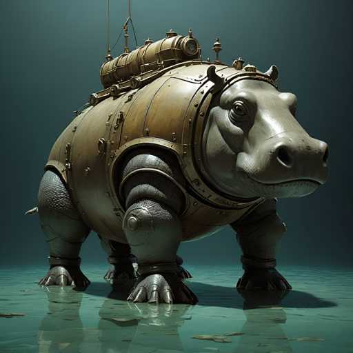 The image depicts a highly detailed, computer-generated 3D rendering of a mechanical hippopotamus standing in a shallow, reflective body of water. The hippo's body is predominantly covered in a bronze-colored metal shell, with its head and legs remaining unarmored, revealing grayish skin. The metal shell extends from its neck to its back and sides, giving it a steampunk appearance. The hippo's eyes are open, and it has a neutral expression as it looks slightly to the right. On its back, there is a large cylindrical tank, possibly for storing fuel or water, with a small periscope-like structure protruding from it. The water it stands in is a light greenish-blue color, with some debris floating around, and the background is a dark blue, enhancing the mechanical and somewhat eerie atmosphere of the scene.