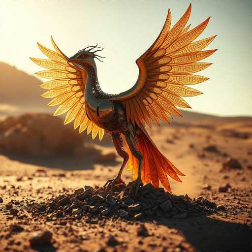 A majestic, metallic phoenix stands proudly on a rocky mound in a desert landscape. The bird's wings are outstretched, showcasing intricate, golden-patterned feathers that catch the warm light. The background features a hazy, sun-drenched horizon with distant mountains. The art style is detailed and fantastical, evoking a sense of ancient mythology and otherworldly beauty.