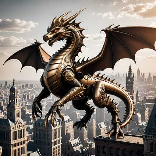 A majestic, intricately detailed steampunk-style mechanical dragon dominates the cityscape. The dragon is primarily bronze and gold, with visible gears, rivets, and mechanical components throughout its body. Its wings are large and dark brown, with a textured surface suggesting intricate metalwork. The dragon's head is adorned with sharp horns and glowing red eyes, giving it a powerful and intense gaze. It's perched on the rooftop of a tall, ornate building with a dark, gothic architectural style. The background shows a sprawling city skyline under a partly cloudy sky, with distant buildings and a hazy atmosphere. The overall lighting is warm, casting shadows that emphasize the dragon's three-dimensional form and intricate details. The scene is a blend of fantasy and steampunk aesthetics, creating a visually striking and imaginative image.
