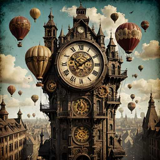 A highly detailed, steampunk-inspired illustration of a colossal clock tower dominating a fantastical cityscape. The clock tower is intricately designed with ornate gears, brass elements, and multiple clock faces of varying sizes. Several steampunk hot air balloons float in the sky around the tower, adding to the whimsical atmosphere. The overall color palette is muted and vintage-toned, with a slightly aged texture to the image.