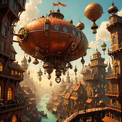 The image depicts a highly detailed, computer-generated scene of a steampunk-inspired cityscape. Dominating the foreground is a large, copper-colored airship with a bulbous shape, adorned with numerous gears, cogs, and circular windows. The airship features two red flags at its top and is tethered to the ground by cables. Surrounding the airship are numerous tall, brown buildings with intricate architectural designs, some of which have balconies and illuminated windows. The city is built along a river, with boats moored along the banks. A wooden bridge spans the river, connecting the two sides of the city. The sky above is a clear blue with scattered white clouds, adding to the overall picturesque and fantastical atmosphere of the scene.