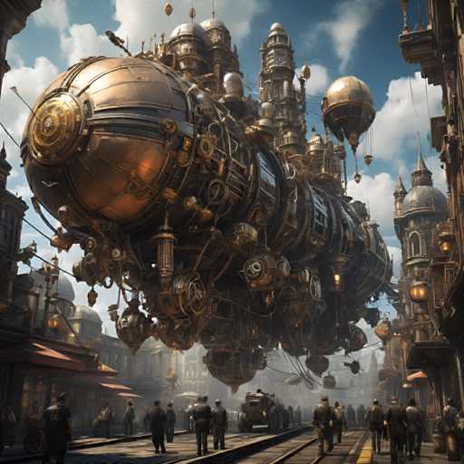 The image depicts an elaborate steam-powered machine with a large dome and multiple wings, suspended from the sky by wires. The scene is set on a train track surrounded by buildings of varying sizes, creating a sense of depth and scale. A group of people can be seen walking along the tracks in front of the building, suggesting that they are either observing or participating in the operation of this impressive machine.
The image does not contain any discernible text.