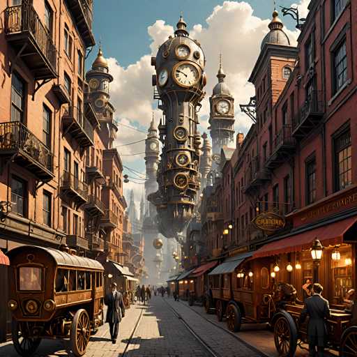 This image depicts a bustling city street scene reminiscent of the Victorian era, yet with a futuristic twist. The street is lined with tall, brown buildings adorned with numerous balconies, each featuring black railings. The cobblestone road is flanked by horse-drawn carriages, with one particularly noticeable in the bottom left corner. The scene is illuminated by streetlights, casting a warm glow over the area. 

In the background, a striking tower dominates the skyline, its structure composed of various cylindrical shapes stacked vertically. The tower is adorned with numerous clock faces, each displaying different times, adding to the surreal atmosphere. The sky above is a clear blue, dotted with fluffy white clouds, enhancing the overall picturesque quality of the scene.