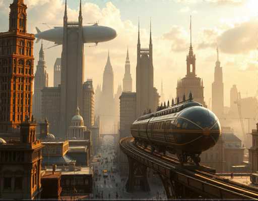 The image depicts a futuristic cityscape with tall buildings and a train traveling on tracks that run through the center of the scene. The sky above is filled with clouds, creating an atmospheric backdrop for the city's towering structures. The perspective of the photo is from a high vantage point, providing a bird's eye view of the city below.