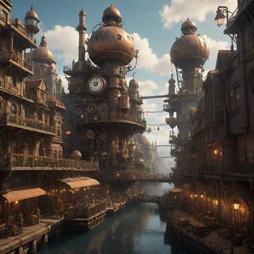 The image depicts an industrial cityscape with a river running through it. The buildings have large domed roofs and intricate designs, giving the scene a medieval or futuristic feel. A clock tower is prominently featured on one of the buildings, adding to the overall aesthetic. The perspective of the photo is from ground level, looking down the river towards the buildings, creating a sense of depth and scale.

There are no discernible texts in the image, but there are several people visible near the river's edge or walking along its banks.
