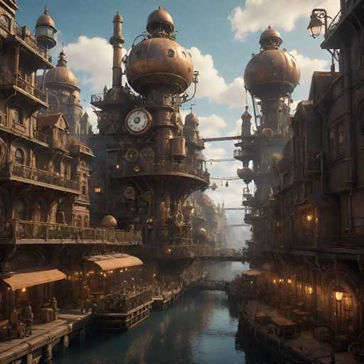 The image depicts a highly detailed, computer-generated scene of a steampunk-inspired cityscape. Dominating the center is a large, clock tower-like structure with a distinctive round, bulbous top and a prominent clock face. The tower is adorned with numerous pipes, gears, and other intricate mechanical elements, giving it a distinctly industrial and fantastical appearance. Surrounding the tower are various buildings, some of which feature balconies and awnings, adding to the urban atmosphere. The scene is set along a canal, with boats moored along the edges, enhancing the city's aquatic character. The sky above is a clear blue with scattered white clouds, providing a serene backdrop to the bustling, mechanical metropolis below. The color palette includes shades of blue, white, gray, brown, tan, and orange, contributing to the overall steampunk aesthetic. The image is devoid of any text, allowing the viewer to fully immerse in the intricate and imaginative world presented.