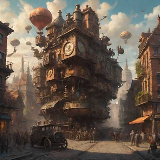 This detailed illustration depicts a bustling, steampunk-inspired cityscape with a distinct Victorian aesthetic. Dominating the scene is a towering, multi-story building adorned with numerous spires, clock faces, and balconies, giving it a whimsical, almost fantastical appearance. The building, constructed from a mix of brick and wood, features a prominent clock on its front and is topped with a large red hot air balloon. Surrounding this central structure are other buildings, some with spires and clock faces, contributing to the city's unique architectural style. The cobblestone streets below are filled with people and early 20th-century automobiles, including a vintage car with a large front grille parked prominently in the foreground. The sky above is a vibrant blue, dotted with fluffy white clouds and additional hot air balloons, enhancing the lively atmosphere of this imaginative urban scene.