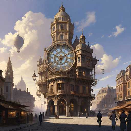 The image depicts a fantastical, steampunk-inspired cityscape dominated by a colossal, ornate clock tower. The central focus is the towering structure with intricate gears and clock faces, perched above a bustling street scene. People in period attire stroll along cobblestone pathways, while hot air balloons float in the sky. The art style is highly detailed and painterly, with a warm, slightly hazy atmosphere suggesting a vintage or dreamlike quality.