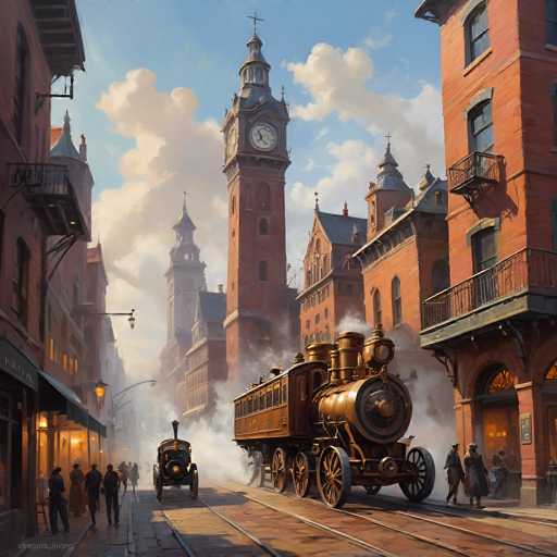 This detailed painting depicts a bustling city street scene from the 1800s, characterized by its Victorian-era architecture and bustling activity. The focal point is a bronze steam locomotive with a prominent smokestack, billowing smoke as it travels along the tracks. The train's engine is followed by a passenger car, and further back, a horse-drawn carriage can be seen. The street is lined with tall, red brick buildings featuring intricate spires and towers, some adorned with crosses, suggesting a mix of residential and commercial structures. On the left side of the image, a storefront with a black awning and illuminated windows draws attention, with several people standing nearby. The scene is lively, with numerous pedestrians walking along the sidewalks and others engaged in various activities around the train. The sky above is a clear blue with scattered white clouds, adding to the vibrant atmosphere of this historical urban landscape.