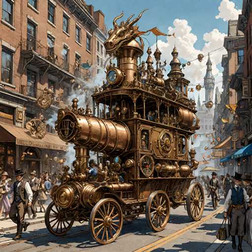 The image depicts an old-fashioned steam locomotive with a dragon head on top and a large clock tower at the front. The locomotive is being pulled by several horses down a street lined with buildings and people going about their day.