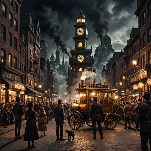 This image depicts a bustling city street from the 1800s, characterized by its cobblestone road and tall, red brick buildings lining both sides. The scene is filled with people dressed in period attire, including top hats, long dresses, and coats, suggesting a formal event or gathering. Central to the image is a grand brass carriage with large wheels, reminiscent of a horse-drawn vehicle but seemingly motorized. The carriage is adorned with numerous lights and features a prominent smokestack emitting steam. A small dog stands beside the carriage, adding to the period charm. In the background, a towering clock tower with illuminated clock faces and a spire dominates the skyline, surrounded by other buildings billowing smoke from their chimneys. The sky above is dark and cloudy, enhancing the historical and somewhat somber atmosphere of the scene.