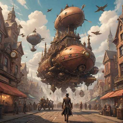 The image depicts a bustling city street from the 1800s, characterized by tall, brown buildings with red awnings lining both sides of the road. The street is filled with people and horse-drawn carriages, creating a lively atmosphere. Dominating the scene is a massive, intricate airship hovering above the street. This airship, resembling a giant clock tower with a pointed top, features a large, oval-shaped brown balloon at its base and a smaller, similarly shaped balloon at the top. The airship is adorned with numerous tubes, pipes, and wires, giving it a complex, mechanical appearance. Surrounding the airship are several smaller blimps, adding to the futuristic yet historical ambiance. The sky above is a vibrant blue, dotted with white clouds, and several planes can be seen flying around the airship. In the foreground, a man dressed in a long brown coat and a hat stands on the street, gazing up at the floating marvel above him.