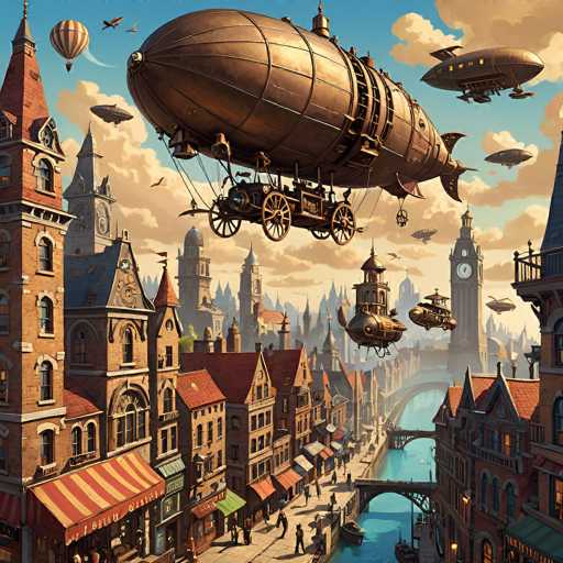 The image depicts a detailed, computer-generated scene of a steampunk-inspired cityscape. Dominating the sky are several large, brass-colored airships, reminiscent of blimps, with intricate designs and attached carriages featuring wooden wheels. These airships are surrounded by a mix of smaller blimps and vintage airplanes, creating a bustling, aerial atmosphere. Below, the city sprawls with tall, ornate buildings adorned with red and orange roofs, clock towers, and spires. The streets are lined with shops displaying striped awnings in red, yellow, and green, while people stroll along the sidewalks. A river runs through the city, spanned by numerous bridges, and the scene is bathed in the soft light of a setting sun, with clouds scattered across the sky.