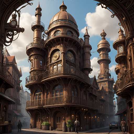 The image depicts an old, ornate building with a large dome and multiple towers on the right side of the frame. The building is situated within a cobblestone street surrounded by other buildings in a quaint European town. A few people can be seen walking along the street, adding to the atmosphere of the scene.