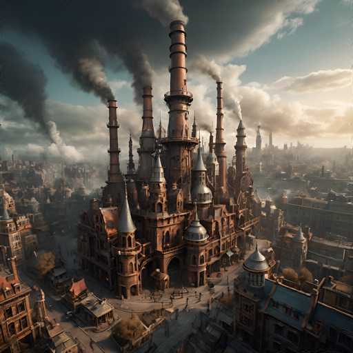A sprawling, steampunk-inspired cityscape dominates the frame in a high-angle, panoramic view. The central focus is a colossal, ornate industrial complex – a towering structure of reddish-brown brick and intricate metalwork. Multiple massive chimneys spew thick plumes of dark smoke into a hazy, overcast sky, hinting at the scale of industry within. 

The complex itself is a labyrinth of interconnected towers, gears, and pipes, suggesting a highly advanced, possibly fantastical, technological era. Smaller buildings cluster around the base, also exhibiting a similar architectural style with ornate details and metal accents. 

The city extends into the distance, shrouded in a muted, atmospheric haze that softens the details of the cityscape. A few figures can be seen moving along cobblestone streets, adding a sense of scale and activity to the scene. The overall color palette is muted, with warm tones dominating the brickwork contrasted by the cool grays of the smoke and sky. 

The lighting is soft, with a subtle glow emanating from the distant city lights, suggesting either dawn or dusk. The image evokes a sense of grandeur, industry, and perhaps even a touch of dystopian atmosphere, characteristic of the steampunk genre.