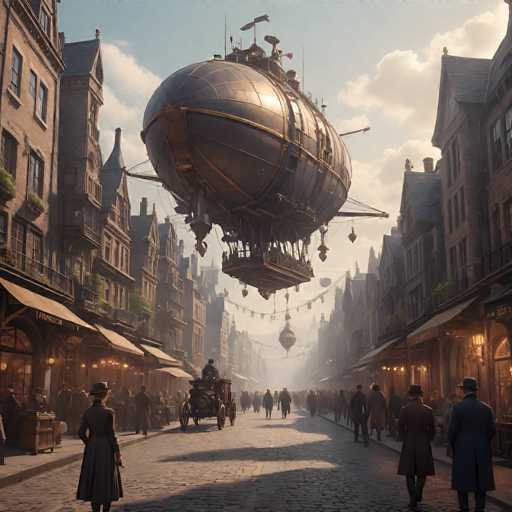 A wide, atmospheric view of a bustling street in a steampunk-inspired city. A massive, ornate airship dominates the sky, hovering above cobblestone streets lined with tall, detailed buildings. People in period attire stroll along the street, some carrying umbrellas and others looking up at the airship. Horse-drawn carriages move along the street, adding to the sense of a bygone era. The overall lighting is warm and slightly hazy, with lanterns illuminating shopfronts at street level. The scene evokes a sense of adventure and wonder, characteristic of the steampunk aesthetic.
