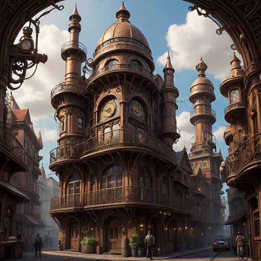 A detailed, highly imaginative digital painting in a steampunk style depicts a bustling, ornate clockwork city street. The scene is dominated by a massive, intricately designed building made of dark brown metal, resembling a clock tower or a grand factory. The structure is multi-tiered with numerous balconies, gears, and clock faces adorning its facade. 

The street is narrow and cobblestone, with a few figures of people in period clothing walking about. A vintage car is parked on the side, and a few gas lamps illuminate the scene with a warm glow. The sky is a mix of pale blue and fluffy white clouds, suggesting a slightly overcast day. 

The overall atmosphere is one of intricate detail and fantastical charm, evoking a sense of Victorian-era technology and adventure. The lighting is soft and atmospheric, highlighting the intricate details of the building's design.