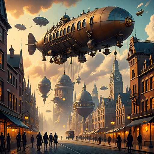 The image depicts a bustling city street in a steampunk-inspired alternate history, where towering buildings with intricate architecture and numerous spires dominate the skyline. The street is lined with old-fashioned street lamps, casting a warm glow over the scene. Numerous people are seen walking along the sidewalks, dressed in period attire reminiscent of the Victorian era, complete with top hats and long coats. The focal point of the image is a massive, copper-colored airship hovering above the street, its design evoking a blend of a submarine and a blimp. This airship, along with several smaller, similarly styled airships floating in the sky, suggests a thriving aerial transportation system. The overall atmosphere is one of a vibrant, steampunk metropolis where advanced technology and historical aesthetics intertwine seamlessly.