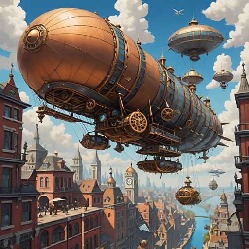 The image depicts a detailed, computer-generated scene of a bustling cityscape dominated by a massive, steampunk-inspired airship. The airship, which is primarily brown with blue windows and adorned with numerous gears and mechanical elements, has a cylindrical shape with a bulbous front and a pointed tail. It features a large propeller at the rear and is surrounded by smaller, circular airships that resemble flying saucers. The sky is a vibrant blue, dotted with white clouds, and the airship hovers above a city with red brick buildings, some of which have clock towers. People are seen standing on rooftops and balconies, gazing up at the impressive aerial spectacle. The scene is rich in detail, with the airship's intricate design and the city's architectural features creating a visually captivating and imaginative atmosphere.