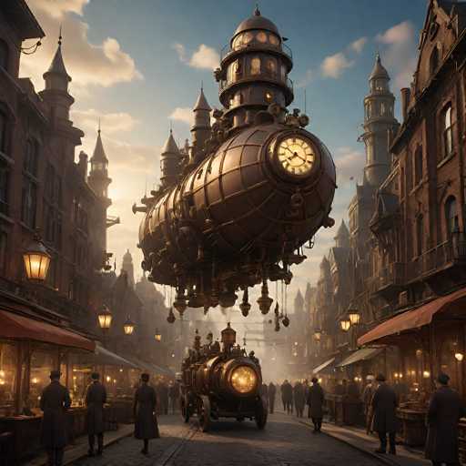 The image depicts a bustling city street from the early 1900s, characterized by its brownstone buildings and cobblestone road. The scene is filled with men in long overcoats and hats, reminiscent of the Victorian era, standing on both sides of the street. The buildings are adorned with red awnings and numerous lights, adding to the historical ambiance. Dominating the center of the image is a large, cylindrical, brownish metal structure that appears to be a futuristic spaceship or time machine. This structure, which has a clock face at the front and windows along its sides, is suspended in the air, giving the impression of hovering. It features a smaller cylindrical extension at the back, resembling a train engine with a glowing light. The sky above is a clear blue with scattered white clouds, and the overall scene is bathed in the warm glow of the setting sun, creating a surreal blend of past and future.
