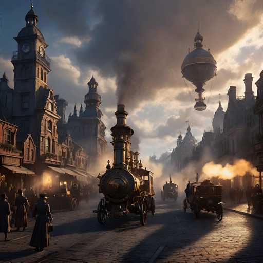 A bustling, steam-powered Victorian city street scene. The image is rendered in a painterly style with a focus on atmospheric lighting and detail, evoking the aesthetic of a digital painting. The scene is dominated by a large steam train chugging down the center of the street, emitting thick plumes of smoke that billow into a hazy sky. Several horse-drawn carriages and pedestrians populate the street, adding to the sense of activity. The buildings lining the street are ornate Victorian structures with intricate details and gas lamps casting a warm glow on the cobblestone pavement. A large airship floats high in the sky, adding to the fantastical atmosphere of the scene. The overall color palette is muted and atmospheric, with a focus on warm tones like gold and brown contrasted by cool blues and grays in the sky. The lighting is dramatic, with strong shadows cast on the street and buildings, creating a sense of depth and perspective. The image is highly detailed, showcasing intricate textures and patterns in the buildings, carriages, and steam train.