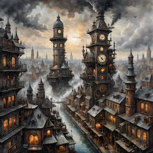 This image depicts a highly detailed, computer-generated scene of a steampunk-inspired cityscape at dusk. The sky is filled with dark, gray clouds, and the setting sun casts a warm glow over the city. The foreground features a river running through the middle of the city, with numerous buildings lining both sides. These buildings are adorned with numerous clock faces, some of which are illuminated, adding to the city's intricate and somewhat eerie atmosphere. The structures are predominantly gray and brown, with some featuring balconies and pointed roofs. Smoke billows from several chimneys, enhancing the industrial feel of the scene. In the background, more buildings and towers rise into the misty sky, creating a sense of depth and complexity. The overall ambiance is dark and mysterious, with the city's lights piercing through the twilight, giving it a captivating, otherworldly quality.