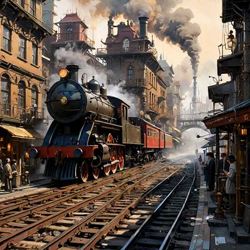 The image depicts an old-fashioned steam locomotive pulling a passenger car along a railway track through a city. The train is moving from left to right and has a black and red color scheme with the front of the engine painted in blue and the back in red. In the background, there are buildings that appear to be part of the city's old-world charm, including a clock tower on one side and a bridge spanning across the tracks on the other. The sky above is hazy orange, suggesting an early morning or late afternoon setting.