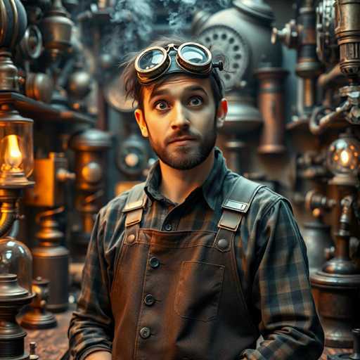 The image depicts a highly detailed, computer-generated scene of a man standing in the center of a cluttered workshop. The man, who has short brown hair, a mustache, and a beard, is wearing a pair of old-fashioned, steampunk-style goggles with black rims and clear lenses. He is dressed in a dark green and brown plaid shirt with long sleeves, layered under a pair of brown leather overalls that feature a single pocket on the right side. The background is filled with various metallic tools, machinery, and equipment, including a prominent clock with a black face and white hands. The overall setting is dimly lit, with a light source coming from the left side of the image, casting a warm glow on the man's face. The scene is rich in colors such as brown, black, gray, blue, green, and orange, enhancing the steampunk aesthetic of the workshop.