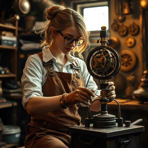 A woman with blonde hair and glasses is sitting at a workbench in a workshop filled with various tools and equipment. She is wearing an apron and has her hands on the table next to a large metal machine that appears to be a clock or a mechanical device. The room around her is filled with shelves of different sizes, each housing various items such as books and other objects.