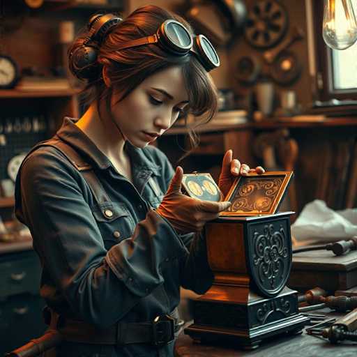 A woman in a steampunk-inspired workshop meticulously examines an intricate music box. She wears goggles perched on her head, a leather apron, and gloves, surrounded by tools and gears in a dimly lit, vintage setting. The scene is detailed and atmospheric, emphasizing the craftsmanship of the mechanical device.