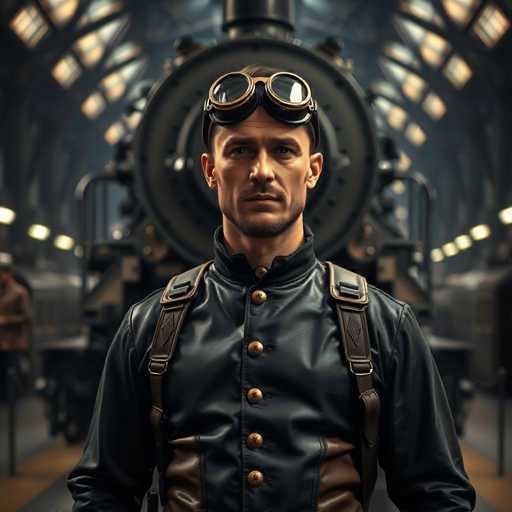 In this AI-generated image, a man stands prominently in the foreground, exuding a steampunk aesthetic. He is dressed in a black leather jacket adorned with gold buttons, and a brown leather strap crosses his chest, suggesting he might be carrying a bag. His head is topped with a pair of black and gold goggles, adding to his vintage look. The man has a short beard and mustache, and his expression is serious as he gazes directly at the viewer. 

Behind him, a large black train engine dominates the background, its circular front reminiscent of a steam locomotive. The train is situated in a station with a domed ceiling, through which light filters in, creating a dramatic effect. The station floor is gray, and the scene is further populated by other individuals, though they are blurred and less distinct. The overall composition blends elements of historical transportation with a futuristic, digital twist.