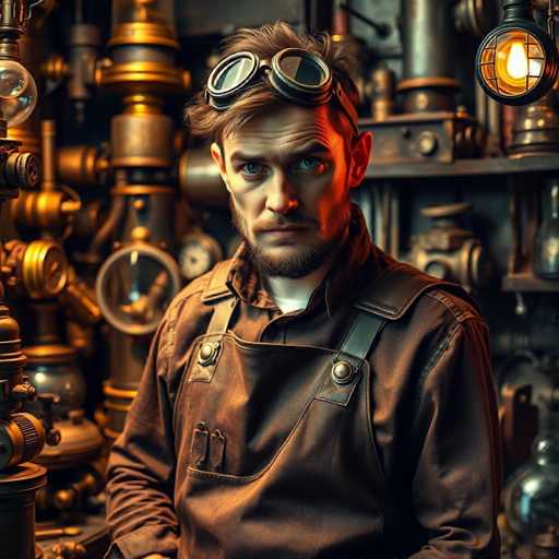 A man wearing a brown leather apron and goggles stands in front of a large machine with gold pipes and gears, suggesting he is working on an industrial project or conducting research.