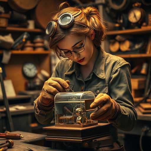 In this detailed image, a woman is meticulously working on a small, intricate clock encased in a glass dome, which rests on a wooden base. She is dressed in a green denim shirt and brown gloves, and her reddish-brown hair is tied back in a ponytail. On her head, she wears a pair of steampunk-style goggles, adding a touch of whimsy to her focused demeanor. She is using a fine tool to adjust the clock's mechanism, which includes visible gears and a pendulum. The background is a blurred, warm-toned workshop filled with various tools and objects, including a clock on the wall and shelves holding items like cups and plates. The overall scene exudes a sense of craftsmanship and dedication to her precise work.