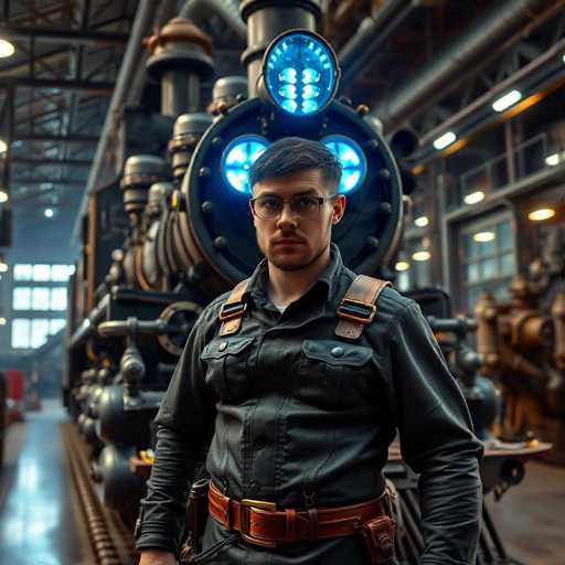 A man wearing glasses and a black jacket stands next to an old-fashioned steam locomotive with blue lights on top.